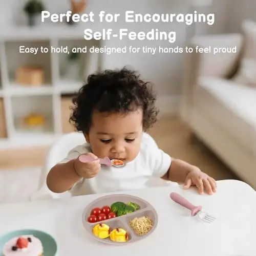Eascrozn 2 Pack Silicone Divided Baby Plates with Suction, 2 Pack Toddler Forks and Spoons Set, BPA Free, Baby Feeding Set for Toddler Utensils, Microwave and Dishwasher Safe - 6