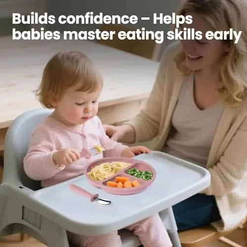 Eascrozn 2 Pack Silicone Divided Baby Plates with Suction, 2 Pack Toddler Forks and Spoons Set, BPA Free, Baby Feeding Set for Toddler Utensils, Microwave and Dishwasher Safe - 4