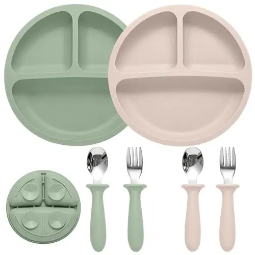 Eascrozn Baby Feeding Set, 2 Pack Silicone Baby Plates with Suction, 2 Pack Spoons and Forks Set for Toddler Utensils, BPA Free, Baby Led Weaning Supplies for Eating Essentials - EASCROZN