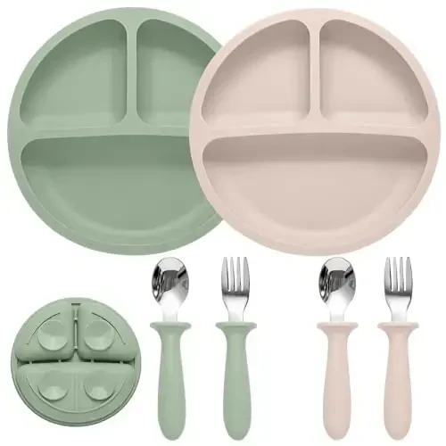 Eascrozn Baby Feeding Set, 2 Pack Silicone Baby Plates with Suction, 2 Pack Spoons and Forks Set for Toddler Utensils, BPA Free, Baby Led Weaning Supplies for Eating Essentials 