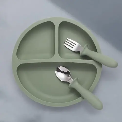 Eascrozn Baby Feeding Set, 2 Pack Silicone Divided Suction Plates for Baby, 2 Pack Spoons and Forks Set, BPA Free, Baby Led Weaning Supplies for Toddler Utensils - EASCROZN (1)