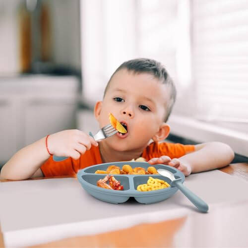 Eascrozn Baby Feeding Set, 2 Pack Silicone Divided Suction Plates for Baby, 2 Pack Spoons and Forks Set, BPA Free, Baby Led Weaning Supplies for Toddler Utensils - 3