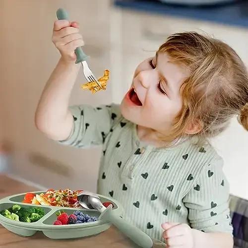 Eascrozn Baby Feeding Set, 2 Pack Silicone Baby Plates with Suction, 2 Pack Spoons and Forks Set for Toddler Utensils, BPA Free, Baby Led Weaning Supplies for Eating Essentials - 3