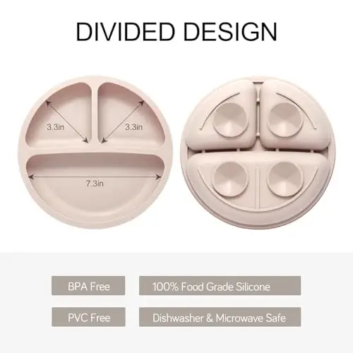 Eascrozn Toddler Plates, 3 Pack Divided Suction Plates for Baby, Food Grade Silicone Baby Plates, BPA Free, Non-slip, Baby Led Weaning Supplies, Microwave & Dishwasher Safe - EASCROZN (1)