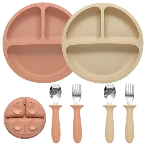 Eascrozn Silicone Baby Feeding Set, 2 Pack Divided Suction Plates for Baby, 2 Pack Spoons and Forks Set Baby Eating Essentials, Feeding Supplies for Toddler Utensils, BPA Free - EASCROZN