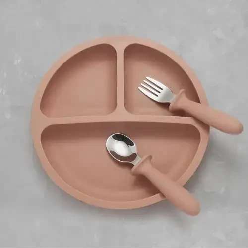 Eascrozn Silicone Baby Feeding Set, 2 Pack Divided Suction Plates for Baby, 2 Pack Spoons and Forks Set Baby Eating Essentials, Feeding Supplies for Toddler Utensils, BPA Free - 2