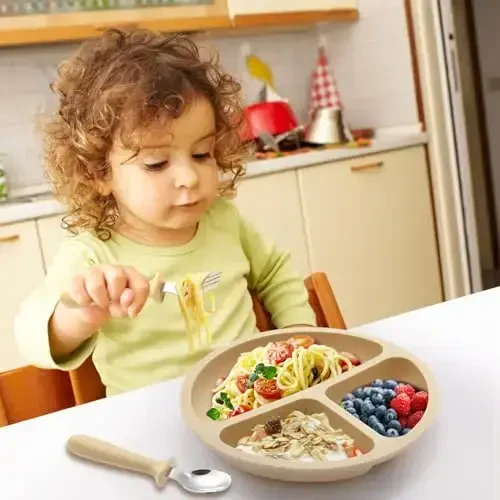 Eascrozn Silicone Baby Feeding Set, 2 Pack Divided Suction Plates for Baby, 2 Pack Spoons and Forks Set Baby Eating Essentials, Feeding Supplies for Toddler Utensils, BPA Free - 6