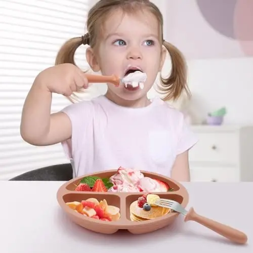 Eascrozn Silicone Baby Feeding Set, 2 Pack Divided Suction Plates for Baby, 2 Pack Spoons and Forks Set Baby Eating Essentials, Feeding Supplies for Toddler Utensils, BPA Free - 3