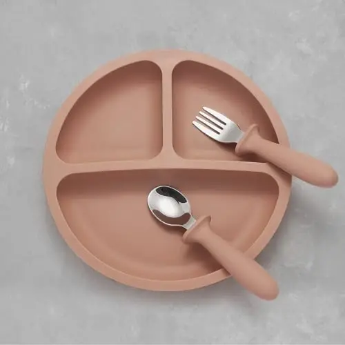 Eascrozn Silicone Baby Feeding Set, 2 Pack Divided Suction Plates for Baby, 2 Pack Spoons and Forks Set Baby Eating Essentials, Feeding Supplies for Toddler Utensils, BPA Free - 2
