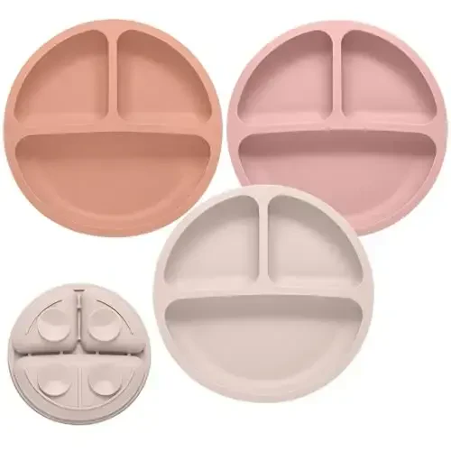 Eascrozn Toddler Plates, 3 Pack Divided Suction Plates for Baby, Food Grade Silicone Baby Plates, BPA Free, Non-slip, Baby Led Weaning Supplies, Microwave & Dishwasher Safe - EASCROZN