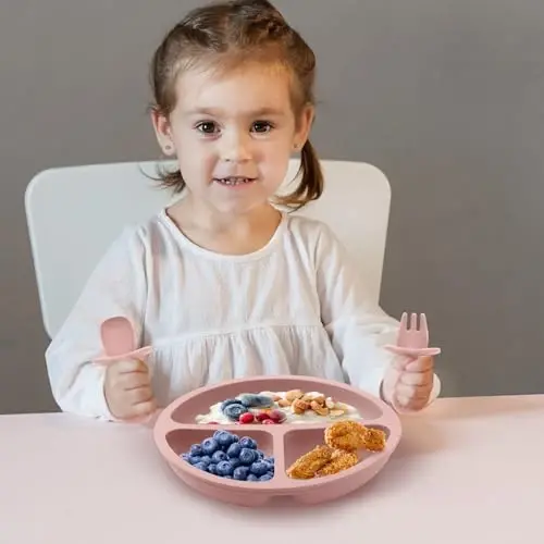 Eascrozn Toddler Plates, 3 Pack Divided Suction Plates for Baby, Food Grade Silicone Baby Plates, BPA Free, Non-slip, Baby Led Weaning Supplies, Microwave & Dishwasher Safe - 3