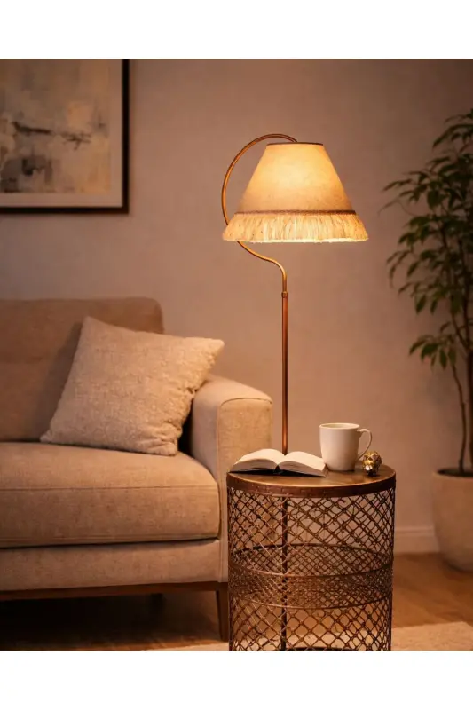 Easel Floor Lamp Tuğçe Ellipse Black Copper Patina ⭐️Rose Fabric Shade Pink Tasselled⭐️Living Room Corner-COPPER - 3