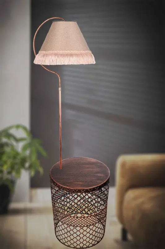 Easel Floor Lamp Tuğçe Ellipse Black Copper Patina ⭐️Rose Fabric Shade Pink Tasselled⭐️Living Room Corner-COPPER - 4