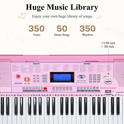 Eastar Electric Piano, 61 Keys Piano Keyboard for Beginners, Digital Piano with Luxury Package, Includes Stand, Bench, Music Stand, Headset, Microphone and Musical Note Stickers, Pink - 3