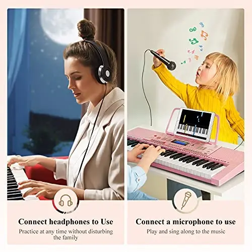 Eastar Electric Piano, 61 Keys Piano Keyboard for Beginners, Digital Piano with Luxury Package, Includes Stand, Bench, Music Stand, Headset, Microphone and Musical Note Stickers, Pink - 4