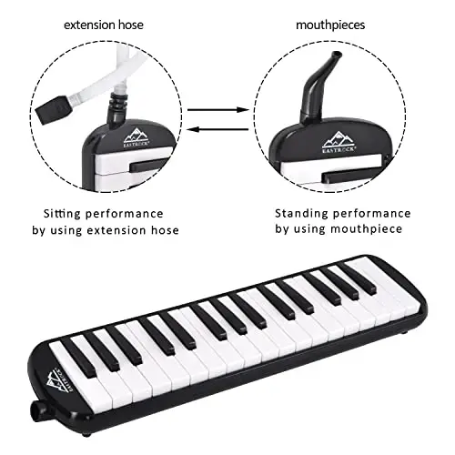 EASTROCK 32 Key Melodica Instrument Air Piano Keyboard Soprano Melodica with 2 Mouthpieces Tube Sets Carrying Bag for Beginners Adults Gift Black - 5