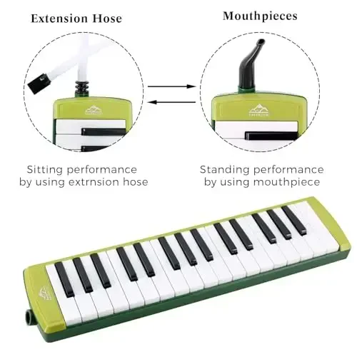EASTROCK 32 Key Melodica Instrument Air Piano Keyboard Soprano Melodica with 2 Mouthpieces Tube Sets Carrying Bag for Beginners Adults Gift Green - 5
