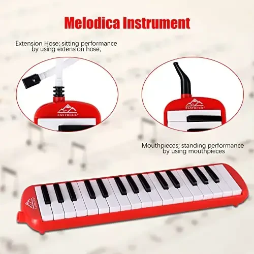 EastRock 32 Key Melodica Instrument Keyboard Soprano Piano Style with Mouthpiece Tube Sets and Carrying Bag for Beginners Adults Gift Red - 6