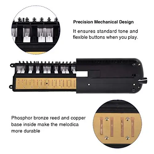 EastRock 37 Key Melodica Instrument Air Piano Keyboard Soprano style Pianica with Mouthpiece Tube Sets and Carrying Bag Black - 4