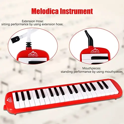 EastRock 37 Key Melodica Instrument Air Piano Keyboard Soprano style Pianica with Mouthpiece Tube Sets and Carrying Bag Black - 4