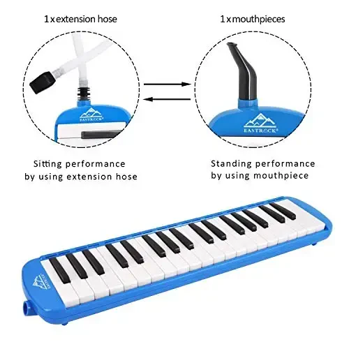 EastRock 37 Key Melodica Instrument Keyboard Soprano Piano Style with Mouthpiece Tube Sets and Carrying Bag for Beginners Adults Gift Blue - 4
