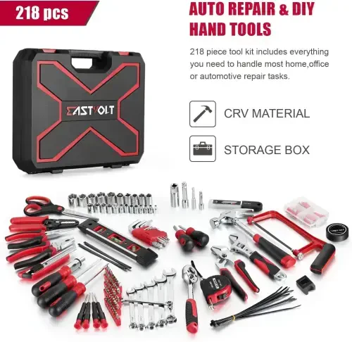 Eastvolt 218-Piece Household Tool Kit, Auto Repair Tool Set, Tool Kits for Homeowner, Plier, Screwdriver Set, Socket Kit and Toolbox Storage Case - 12