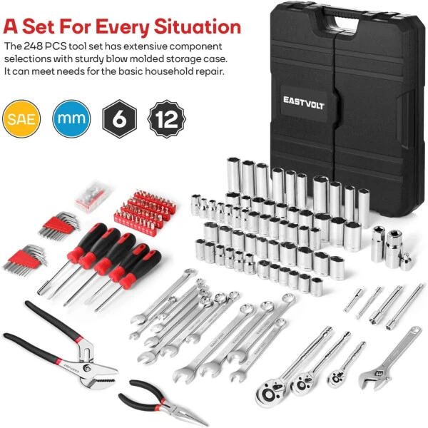 Eastvolt, Chrome Vanadium Finish Portable Tool Set, 248 Piece - 8