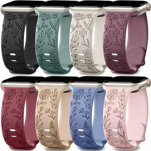 Easuny 8 Pack Bands for Women Compatible with Apple Watch 40mm 41mm 38mm 42mm 44mm 45mm 46mm 49mm iWatch Series 10 9 8 7 6 5 4 3 Ultra 2/1 SE SE 2nd, Soft Silicone Floral Engraved Dressy Wrist Straps - 2