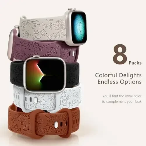 Easuny 8 Pack Bands for Women Compatible with Apple Watch 40mm 41mm 38mm 42mm 44mm 45mm 46mm 49mm iWatch Series 10 9 8 7 6 5 4 3 Ultra 2/1 SE SE 2nd, Soft Silicone Floral Engraved Dressy Wrist Straps - 5