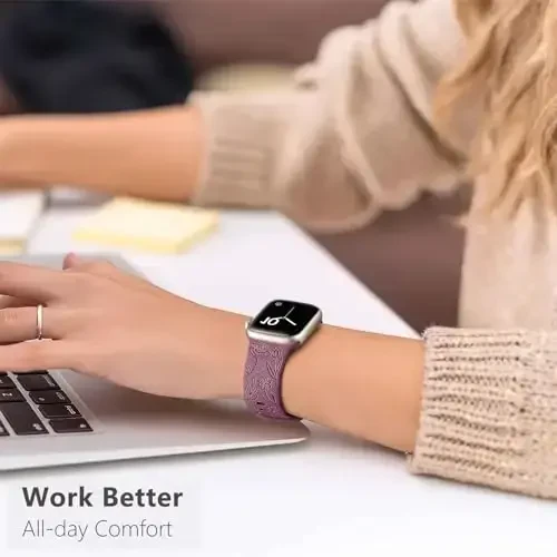 Easuny 8 Pack Bands for Women Compatible with Apple Watch 40mm 41mm 38mm 42mm 44mm 45mm 46mm 49mm iWatch Series 10 9 8 7 6 5 4 3 Ultra 2/1 SE SE 2nd, Soft Silicone Floral Engraved Dressy Wrist Straps - 7