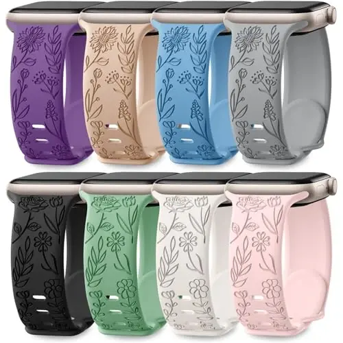 Easuny 8 Pack Bands for Women Compatible with Apple Watch 40mm 41mm 38mm 42mm 44mm 45mm 46mm 49mm iWatch Series 10 9 8 7 6 5 4 3 Ultra 2/1 SE SE 2nd, Soft Silicone Floral Engraved Dressy Wrist Straps 