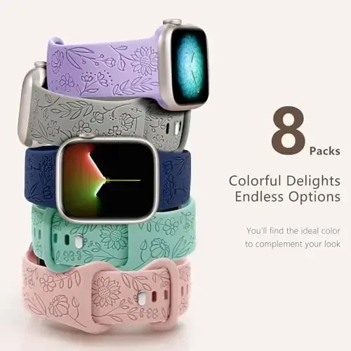 Easuny 8 Pack Bands for Women Compatible with Apple Watch 40mm 41mm 38mm 42mm 44mm 45mm 46mm 49mm iWatch Series 10 9 8 7 6 5 4 3 Ultra 2/1 SE SE 2nd, Soft Silicone Floral Engraved Dressy Wrist Straps - 5