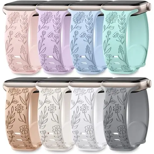 Easuny 8 Pack Bands for Women Compatible with Apple Watch 40mm 41mm 38mm 42mm 44mm 45mm 46mm 49mm iWatch Series 10 9 8 7 6 5 4 3 Ultra 2/1 SE SE 2nd, Soft Silicone Floral Engraved Dressy Wrist Straps 