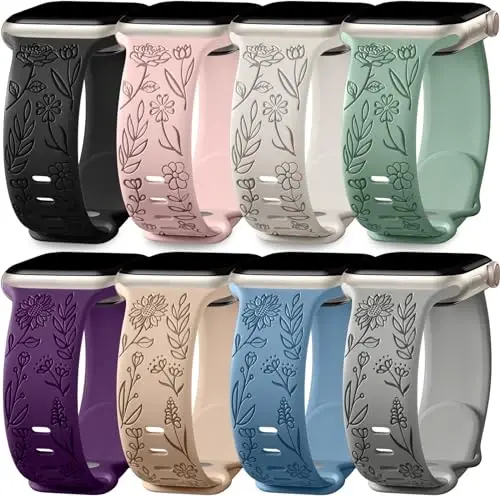 Easuny 8 Pack Bands for Women Compatible with Apple Watch 40mm 41mm 38mm 42mm 44mm 45mm 46mm 49mm iWatch Series 11 10 9 8 7 6 5 4 3 Ultra SE 3 SE 2nd, Soft Silicone Floral Engraved Dressy Wrist Straps - MODAZONE