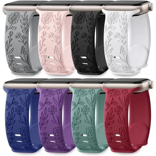 Easuny 8 Pack Bands for Women Compatible with Apple Watch 40mm 41mm 38mm 42mm 44mm 45mm 46mm 49mm iWatch Series 11 10 9 8 7 6 5 4 3 Ultra SE 3 SE 2nd, Soft Silicone Floral Engraved Dressy Wrist Straps - 1