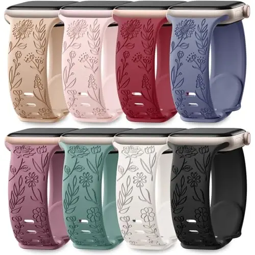 Easuny 8 Pack Bands for Women Compatible with Apple Watch 40mm 41mm 38mm 42mm 44mm 45mm 46mm 49mm iWatch Series 11 10 9 8 7 6 5 4 3 Ultra SE 3 SE 2nd, Soft Silicone Floral Engraved Dressy Wrist Straps 