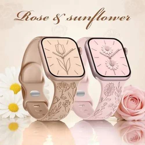 Easuny 8 Pack Bands for Women Compatible with Apple Watch 40mm 41mm 38mm 42mm 44mm 45mm 46mm 49mm iWatch Series 10 9 8 7 6 5 4 3 Ultra 2/1 SE SE 2nd, Soft Silicone Floral Engraved Dressy Wrist Straps - 4