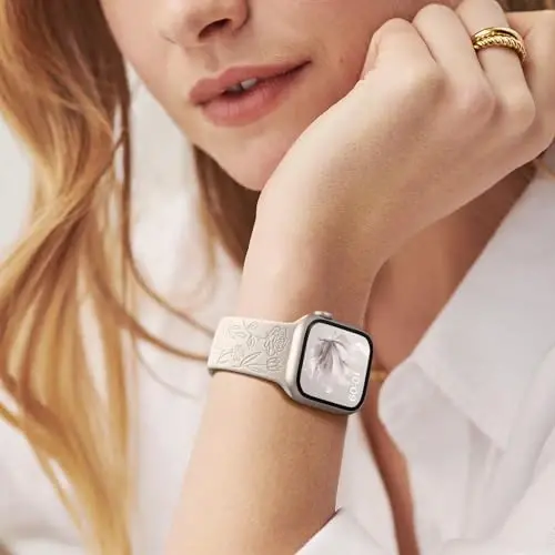 Easuny 8 Pack Bands for Women Compatible with Apple Watch 40mm 41mm 38mm 42mm 44mm 45mm 46mm 49mm iWatch Series 10 9 8 7 6 5 4 3 Ultra 2/1 SE SE 2nd, Soft Silicone Floral Engraved Dressy Wrist Straps - 6