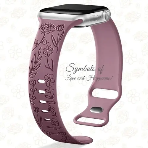 Easuny 8 Pack Bands for Women Compatible with Apple Watch 40mm 41mm 38mm 42mm 44mm 45mm 46mm 49mm iWatch Series 10 9 8 7 6 5 4 3 Ultra 2/1 SE SE 2nd, Soft Silicone Floral Engraved Dressy Wrist Straps - 4