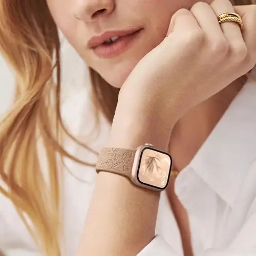 Easuny 8 Pack Bands for Women Compatible with Apple Watch 40mm 41mm 38mm 42mm 44mm 45mm 46mm 49mm iWatch Series 11 10 9 8 7 6 5 4 3 Ultra SE 3 SE 2nd, Soft Silicone Floral Engraved Dressy Wrist Straps - 6