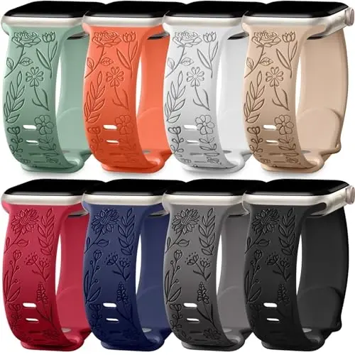 Easuny 8 Pack Bands for Women Compatible with Apple Watch 40mm 41mm 38mm 42mm 44mm 45mm 46mm 49mm iWatch Series 11 10 9 8 7 6 5 4 3 Ultra SE 3 SE 2nd, Soft Silicone Floral Engraved Dressy Wrist Straps - 1