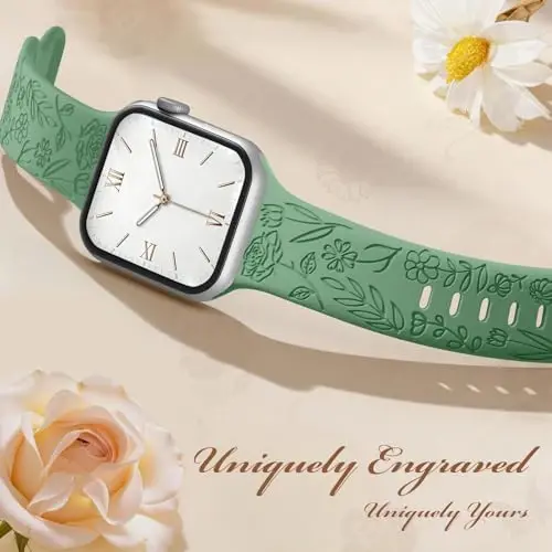 Easuny 8 Pack Bands for Women Compatible with Apple Watch 40mm 41mm 38mm 42mm 44mm 45mm 46mm 49mm iWatch Series 10 9 8 7 6 5 4 3 Ultra 2/1 SE SE 2nd, Soft Silicone Floral Engraved Dressy Wrist Straps - 5
