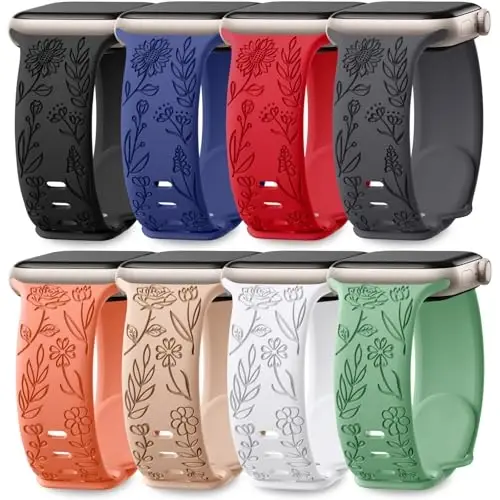 Easuny 8 Pack Bands for Women Compatible with Apple Watch 40mm 41mm 38mm 42mm 44mm 45mm 46mm 49mm iWatch Series 10 9 8 7 6 5 4 3 Ultra 2/1 SE SE 2nd, Soft Silicone Floral Engraved Dressy Wrist Straps 