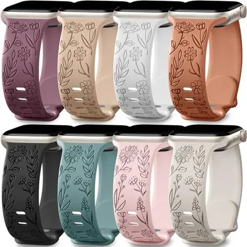 Easuny 8 Pack Bands for Women Compatible with Apple Watch 40mm 41mm 38mm 42mm 44mm 45mm 46mm 49mm iWatch Series 10 9 8 7 6 5 4 3 Ultra 2/1 SE SE 2nd, Soft Silicone Floral Engraved Dressy Wrist Straps - 1