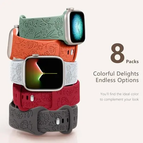 Easuny 8 Pack Bands for Women Compatible with Apple Watch 40mm 41mm 38mm 42mm 44mm 45mm 46mm 49mm iWatch Series 11 10 9 8 7 6 5 4 3 Ultra SE 3 SE 2nd, Soft Silicone Floral Engraved Dressy Wrist Straps - 5