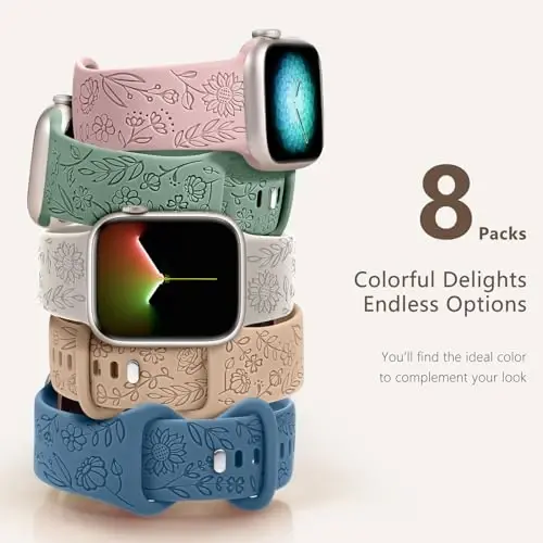Easuny 8 Pack Bands for Women Compatible with Apple Watch 40mm 41mm 38mm 42mm 44mm 45mm 46mm 49mm iWatch Series 10 9 8 7 6 5 4 3 Ultra 2/1 SE SE 2nd, Soft Silicone Floral Engraved Dressy Wrist Straps - 5