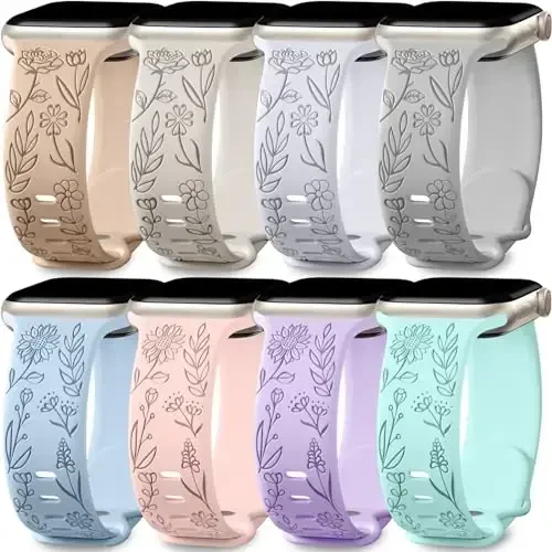 Easuny 8 Pack Bands for Women Compatible with Apple Watch 40mm 41mm 38mm 42mm 44mm 45mm 46mm 49mm iWatch Series 11 10 9 8 7 6 5 4 3 Ultra SE 3 SE 2nd, Soft Silicone Floral Engraved Dressy Wrist Straps - Easuny