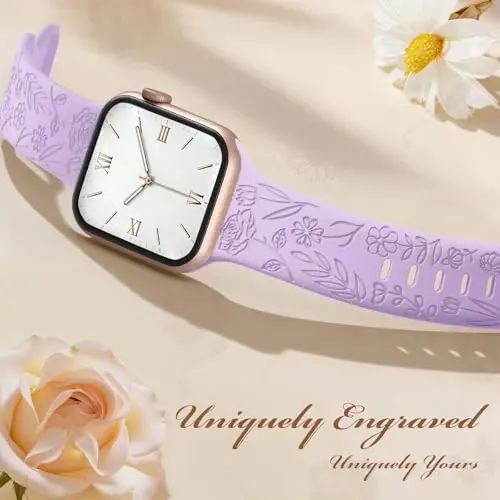 Easuny 8 Pack Bands for Women Compatible with Apple Watch 40mm 41mm 38mm 42mm 44mm 45mm 46mm 49mm iWatch Series 11 10 9 8 7 6 5 4 3 Ultra SE 3 SE 2nd, Soft Silicone Floral Engraved Dressy Wrist Straps - 5