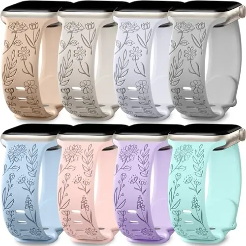 Easuny 8 Pack Bands for Women Compatible with Apple Watch 40mm 41mm 38mm 42mm 44mm 45mm 46mm 49mm iWatch Series 11 10 9 8 7 6 5 4 3 Ultra SE 3 SE 2nd, Soft Silicone Floral Engraved Dressy Wrist Straps - MODAZONE