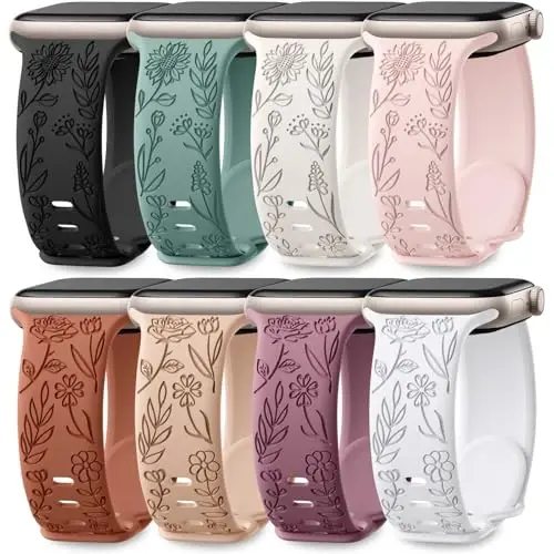 Easuny 8 Pack Bands for Women Compatible with Apple Watch 40mm 41mm 38mm 42mm 44mm 45mm 46mm 49mm iWatch Series 11 10 9 8 7 6 5 4 3 Ultra SE 3 SE 2nd, Soft Silicone Floral Engraved Dressy Wrist Straps 